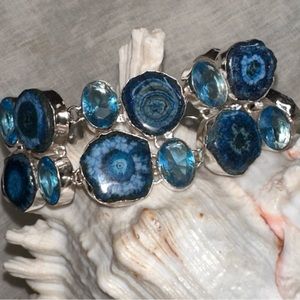 Beachy Solar Quartz Druzy + Blue Topaz statement Bracelet Cuff
